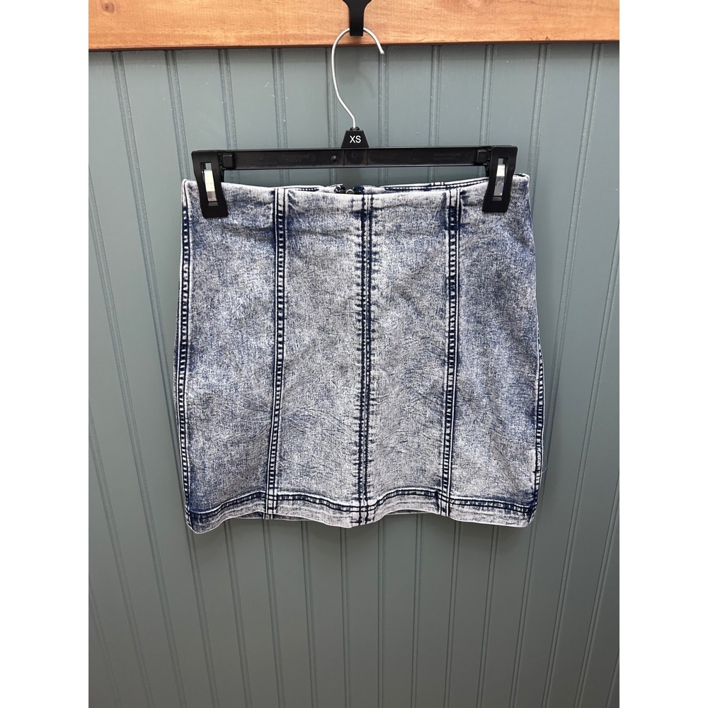 Free People Blue Acid Wash Denim Mini Skirt High Rise Seam Detail Size 6